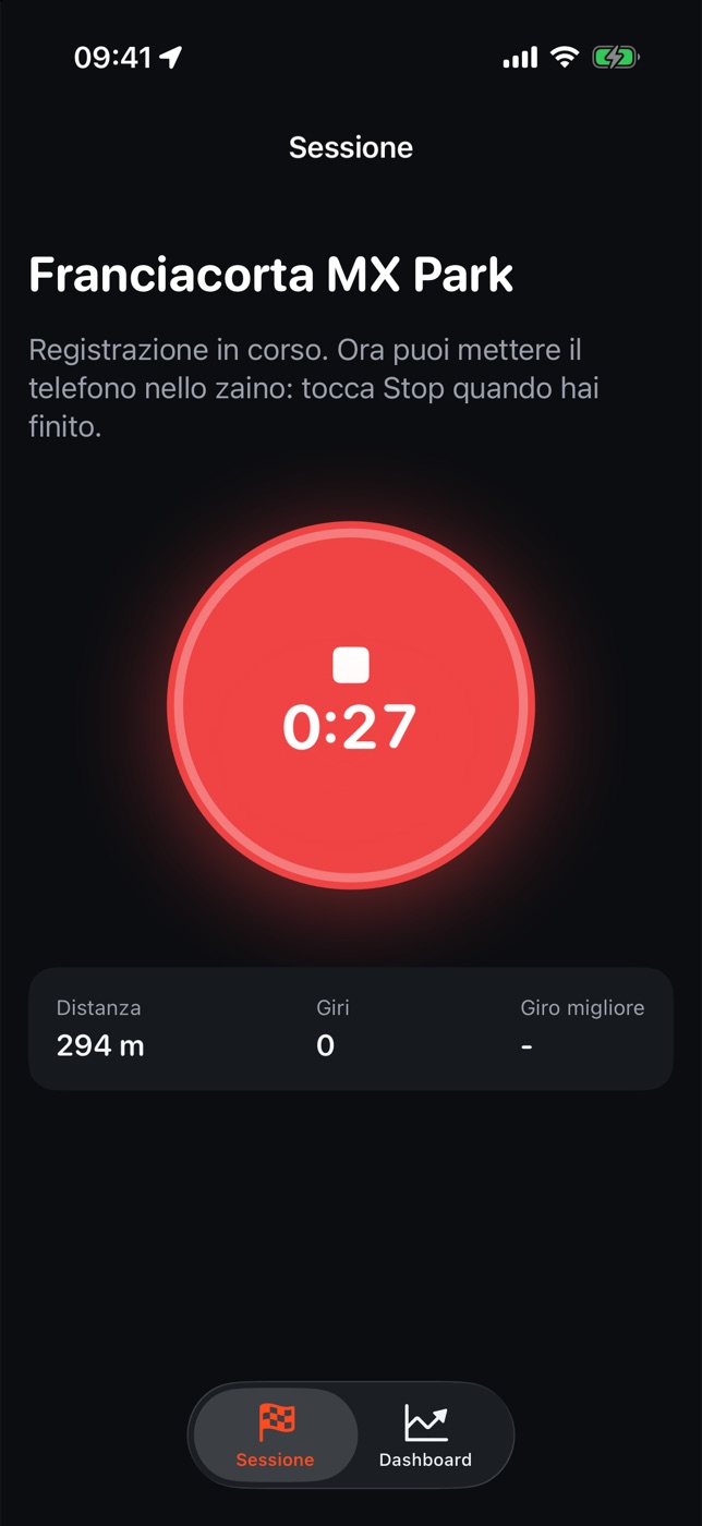 La schermata di registrazione con il grande pulsante Stop e il timer